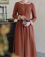 Robe longue décontractée vintage en lin 100% pur 270 g/m² pour femme, à manches longues, col Peter Pan en dentelle, coupe trapèze unie