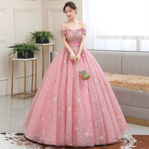 Women's Pink Off Shoulder Ball Gown With Star Embroidery Wedding Evening Dress Stage Performance Costume - Product Image 3