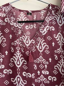 Women Maroon Cotton Kurta/Kurti Set White Discharge Print Traditional Indian Pakistani Party Wear Knee-Length Regular Fit Quick - Product Image 2