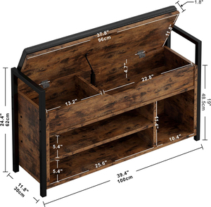 <span class=keywords><strong>Banc</strong></span> de rangement industriel pour entrée avec coffre escamotable et étagère <span class=keywords><strong>à</strong></span> <span class=keywords><strong>chaussures</strong></span> <span class=keywords><strong>à</strong></span> 2 niveaux, organisateur de <span class=keywords><strong>chaussures</strong></span> vintage marron avec structure métallique - Product Image 4
