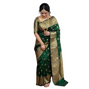 Green Silk <b>Saree</b> With Gold Zari Work Traditional Indian Wedding Wear <b>For</b> <b>Women</b> Floor Length Regular Fit - Product Image 1