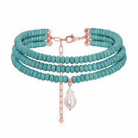 Collier ras-de-cou Gemnel Vintage en argent sterling 925 avec trois pierres turquoise parallèles et pendentif perle