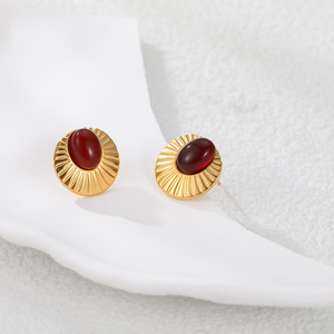 Boucles d'oreilles en acier inoxydable doré à dentelle plissée en pierre naturelle, boucles d'oreilles à clous polyvalentes, boucles d'oreilles rétro françaises pour femmes - Product Image 6