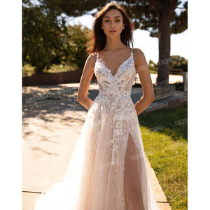 <span class=keywords><strong>Eleganti</strong></span> <span class=keywords><strong>Abiti</strong></span> da Sposa da Spiaggia Economici Senza Maniche con Scollo a V Linea A <span class=keywords><strong>in</strong></span> <span class=keywords><strong>Tulle</strong></span> Sexy Abito da Sposa 2020 Robe De Mariage - Product Image 3