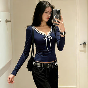 Camiseta de Manga Larga con Cuello en V y Cordón Ajustable, con Bloques de Color y Ribete de Encaje, para Mujer, Estilo Dulce, Casual, Versátil - Product Image 2