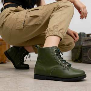 Vente directe d'usine, bottes de combat en cuir vert pour femmes, à lacets, avec fermeture éclair latérale, bottes à la cheville - Product Image 1