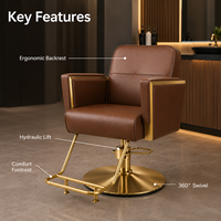 Fauteuil de Barbier Professionnel XFMC, Chaise de Coiffure de Luxe en Cuir Marron, Chaise Hydraulique à Rotation 360 Degrés, Cadre Doré, OEM ODM