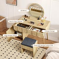 Coiffeuse en bois festonné avec miroir LED rond et tiroirs de rangement, ensemble de coiffeuse avec tabouret pour la vente en gros