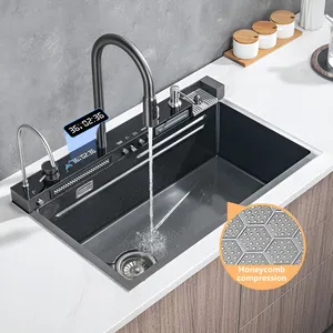 DQOK新款304不锈钢厨房水槽多功能黄铜不锈钢瀑布厨房水龙头
