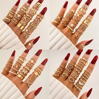 Ensemble de 30 bagues tendance en or avec cœur, feuille et perle pour femme, bijoux punk, diamants, cristaux, strass, bagues empilables