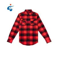 Camisa xadrez de flanela de 100% algodão, logotipo personalizado, preto, vermelho, com botão, para baixo, mangas compridas, vintage, casual