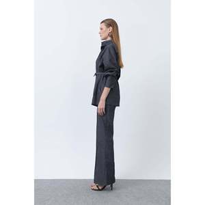 Loreen Women's Burgundy <b>Wrap</b> Neck Belt Detailed Denim Pants Set - Stylish Two-Piece Outfit for Casual and Elegant Wear - Product Image 3