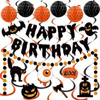 Décorations d'Halloween pour anniversaire, Bannière d'anniversaire pour fête d'Halloween avec boules en nid d'abeille, Guirlande suspendue en spirale et points circulaires