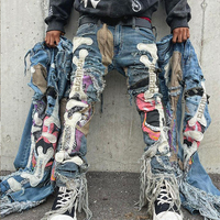 DIZNEW Jeans en denim skinny personnalisés pour hommes, style streetwear, effet déchiré, imprimé appliqué bleu, pantalon pour hommes