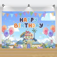 Toile de fond photo en coton bleu 5x3ft, motif dessin animé Joyeux Anniversaire pour enfants, garçons et filles, accessoires de photomaton pour fête d'anniversaire