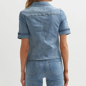 Camicette estive <span class=keywords><strong>da</strong></span> <span class=keywords><strong>donna</strong></span> a maniche corte <span class=keywords><strong>Jeans</strong></span> blusa con colletto spalabile con bottone con bottone e bottone con bottone <span class=keywords><strong>in</strong></span> Denim camicia - Product Image 4