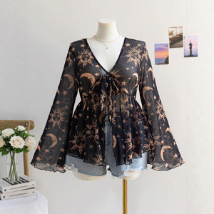 Women's Floral Print Tie Front Blouse - V-Neck Sleeve Peplum <b>Top</b> Shirt Fashion - Product Image 2