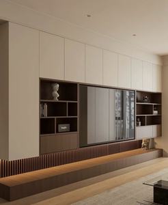 Mueble de <span class=keywords><strong>TV</strong></span> de Madera Maciza para Montar en la Pared con Luces LED y Puerta de Vidrio / Mueble de Almacenamiento Personalizado para Sala de Estar - Product Image 2