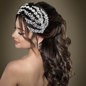 Serre-tête de mariée extra large en perles, style cascade, avec cristaux étincelants, bijou de cheveux de luxe pour <span class=keywords><strong>mariage</strong></span> - Product Image 1
