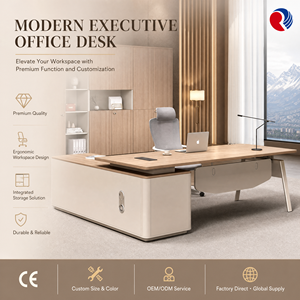 Bureau de direction en forme de L en bois de chêne clair avec armoire latérale blanche crème et serrure intelligente, design flottant, bureau pour PDG - Product Image 1