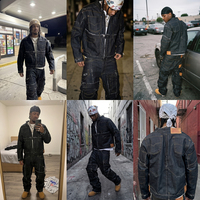Ensemble de survêtement en denim personnalisé avec surpiqûres contrastées, veste et pantalon unisexe surdimensionnés à bords bruts, logo personnalisé, streetwear hip-hop