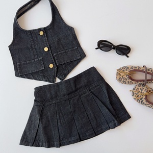 Tenues <span class=keywords><strong>d</strong></span>'été pour enfants, vêtements en denim sans manches en 2 pièces pour adolescentes, ensemble pour petite fille - Product Image 3