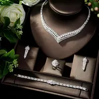 4 Buah Set Perhiasan Penuh Zirkonia Pengantin untuk Pesta Wanita, Set Perhiasan Pernikahan Kristal CZ Dubai Mewah