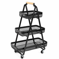 Chariot de rangement roulant à 3 niveaux avec roues, étagère organisatrice en maille métallique avec poignée en bois pour salon et cuisine