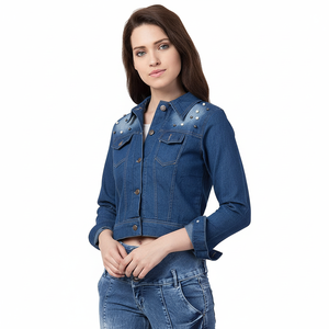 Chaqueta vaquera recortada de color azul liso al por mayor para mujer, chaqueta vaquera desgastada de manga larga con botones personalizados para mujer - Product Image 1