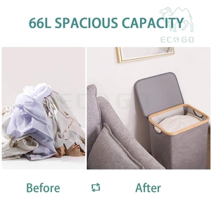 <b>Grey</b> PEVA Waterproof Coating Laundry Hamper with Lid Handle Bamboo Frame Clothes Hamper <b>for</b> Dirty Laundry <b>Storage</b> <b>Basket</b> - Product Image 5