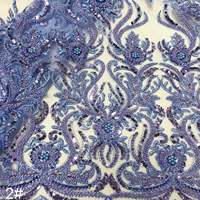 Tissu en dentelle brodée à bord festonné en maille, orné de perles lourdes, de paillettes mauves et de strass, motif vigne enroulée, pour robe africaine Dubai Aso Ebi