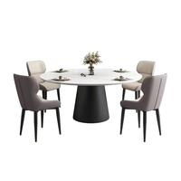 Ensemble table et chaises de salle à manger rondes modernes en ardoise avec pieds en bois, plateau en pierre frittée, extensible 6 places pour appartement, villa, hôtel