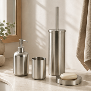 ชุดอุปกรณ์ห้องน้ำสแตนเลสทรงกลมทันสมัย 4 ชิ้น ชุดอุปกรณ์อาบน้ำโลหะขัดเงาพร้อมที่ใส่แปรงขัดห้องน้ำ - Product Image 2