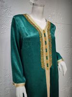 Robe longue de soirée Abaya élégante et modeste pour femmes du Moyen-Orient, col en V, ornée de strass et de tresses, manches longues, style islamique