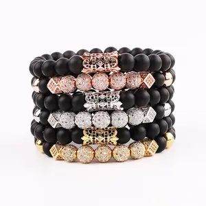 Cho Thuê Trang Sức Cổ Điển Sang Trọng CZ Pave Charm Đá Tự Nhiên Matte Onyx Đính Cườm Đàn Hồi Bracelet Set Men