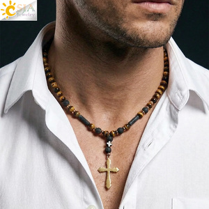 CSJA Collana con Pendente a Croce in Pietra Naturale, Onice Nero e Occhio di Tigre, Gioiello Energetico per <span class=keywords><strong>Uomo</strong></span> H864 - Product Image 1