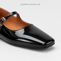 Chaussures plates rétro Mary Jane à bout carré en cuir verni noir brillant, fabriquées à la main en France, semelle intermédiaire en caoutchouc, doublure en cuir véritable, privées