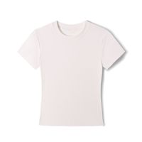 T-shirt femme coupe droite à manches courtes en coton-polyester, style français, été 2025, court, extensible, ajusté, col rond, tendance