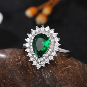 Caoshi Fabriek Prijs Vrouwen Groene Peer Cut Emerald Green Gemstone Finger Rings Verharde Cz Grote Zilveren Bruiloft Ring