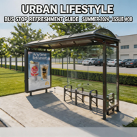 Abri de bus en métal à toit courbé avec boîte lumineuse publicitaire et panneau en verre trempé