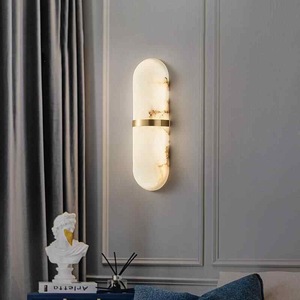 Lámpara de Pared Cilíndrica de Mármol Negro y Dorado, Lámpara de Pared de Alabastro con Base Acanalada de Latón, LED para Hotel, Dormitorio, Pasillo - Product Image 5