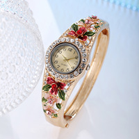 Jam Tangan Gelang Wanita Mewah Elegan Rose Gold Bunga Bangle Jam Tangan Wanita Berlian Imitasi Jam Montre Femme Relojs Saati