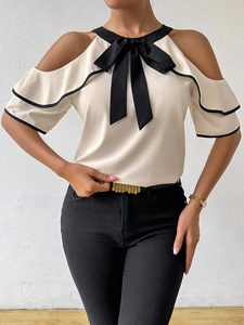 Elegante Blusa Estiva 2026 da Donna a Maniche Corte <span class=keywords><strong>con</strong></span> Doppio Strato e Colletto a Fiocco, Bluse Casual da Donna - Product Image 5