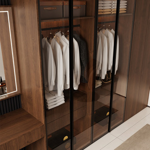 Armoire de chambre à coucher de style vintage avec porte en verre, en bois de noyer, du sol au plafond, grande capacité de rangement - Product Image 4