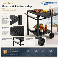Chariot de cuisine et barbecue en métal noir à deux niveaux, avec roulettes, poignée chromée et grandes roues, et côtés pliables avec crochets en S