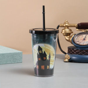 450ml Trick Or Treat Skull Cross Tomb Bat Print Double Wall Clear Plastic Tumbler with Black Flat Lid & Matching Black Straw - Product Image 6