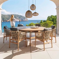 Ensemble de table et chaises de jardin en teck naturel tressé avec ruban d'oléfine, mobilier de patio en bois dur de qualité supérieure
