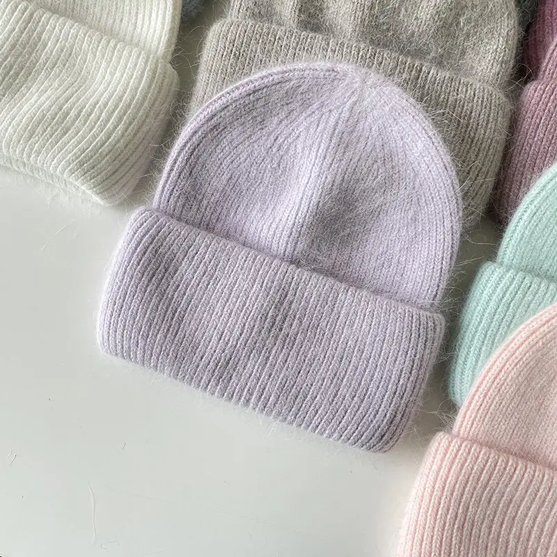 Outdoor Dubbele Flap Dikke Pluizige Angora Konijnenbont Muts Gestreepte Groothandel Unisex Vrouwen Winter Custom Blanco Gebreide Beanies