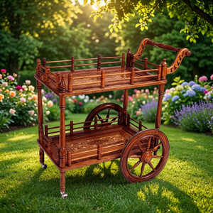 Chariot roulant en bois antique à 2 niveaux, sculpté à la main, chariot de rangement décoratif, chariot utilitaire pour l'extérieur, utilisation en jardin - Product Image 1