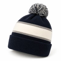Bonnet unisexe bleu marine à pompon, tricoté à rayures crème, taille unique, avec revers personnalisé, pour l'hiver, vente en gros